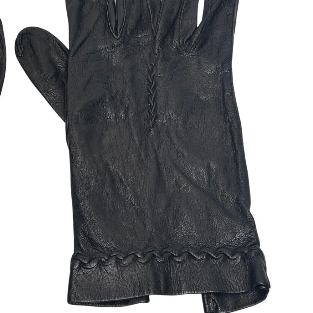 VTG Leather Driving Gloves Black Braided Trim Winter Classic Womens Small